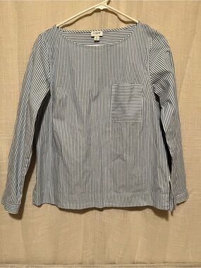 J.Crew Blue White Pinstripe Organic Cotton Popover Blouse Top  Coastal Preppy